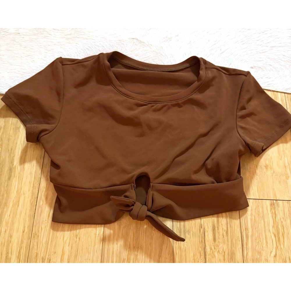 Robin Piccone Ava T-Shirt Bikini Top Rust Brown Tie Front Crop Size XS 1917‎